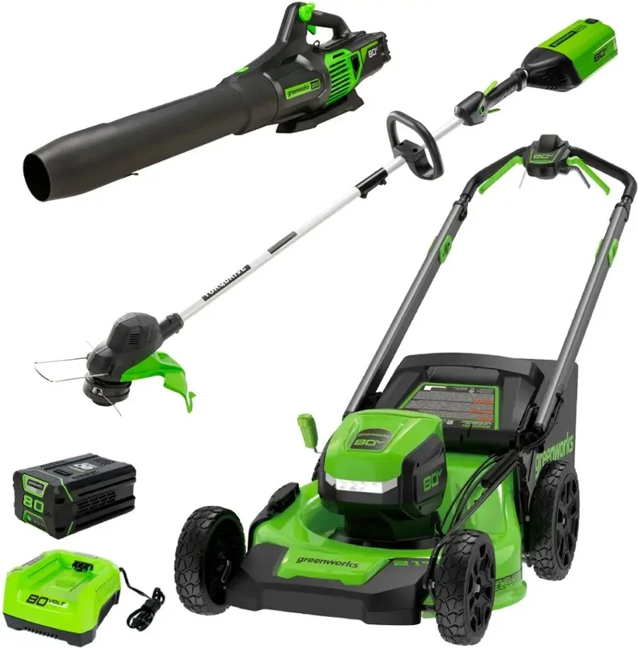 Greenworks 80V 21 Inch Lawn Mower, String Trimmer and Leaf Blower Combo