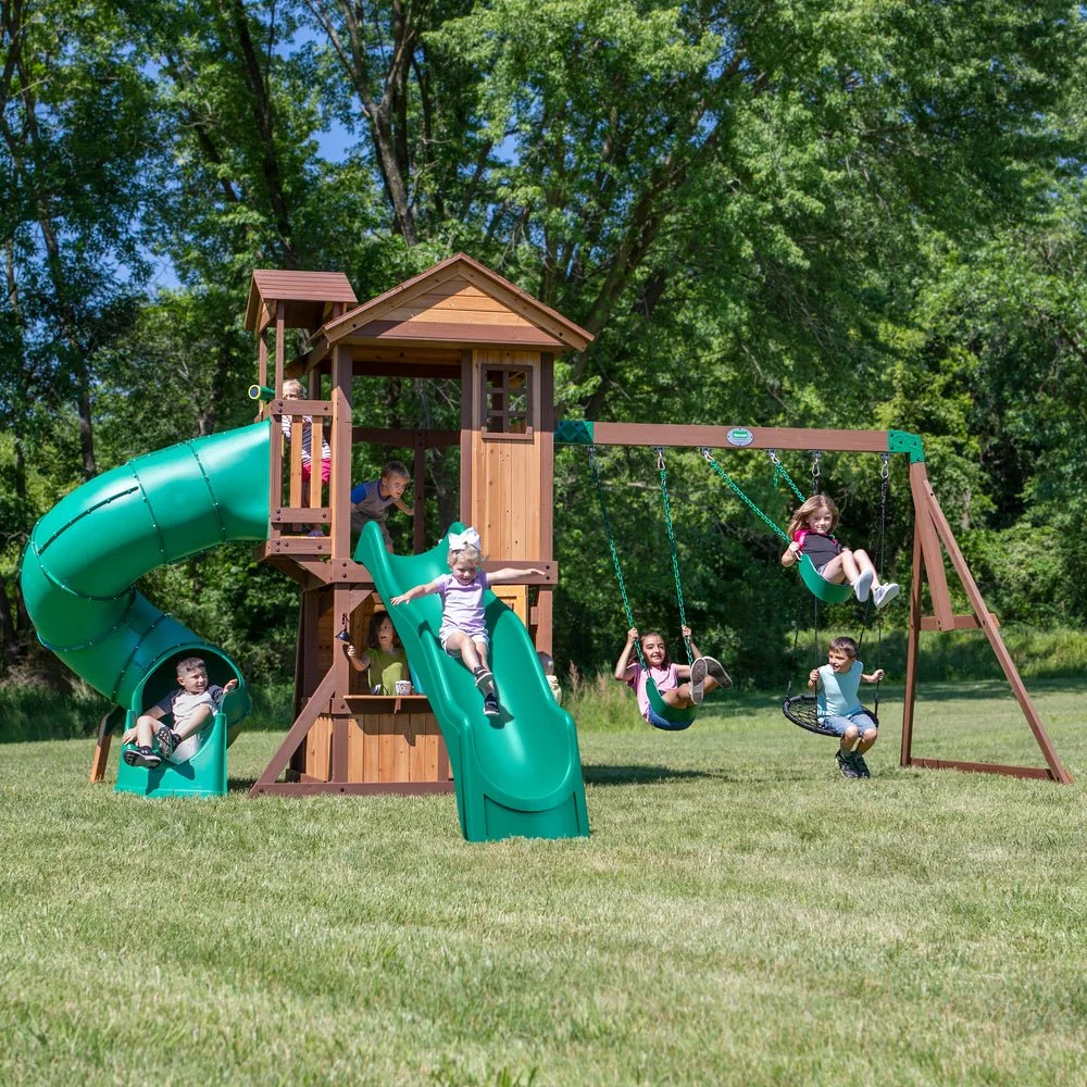 Backyard Discovery Wooden Swing Set with Slide and Clubhouse