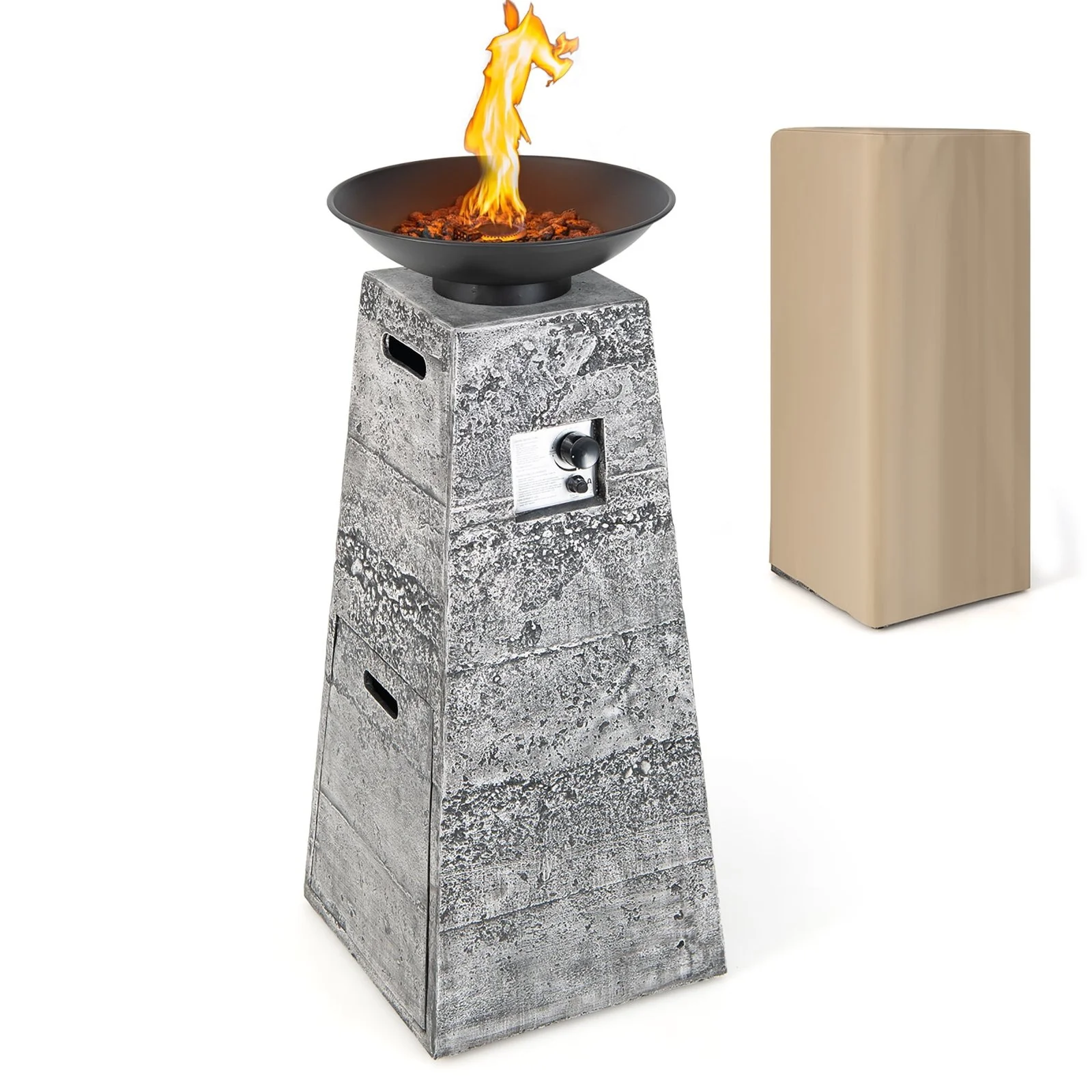 Costway 48 Inch Propane Fire Bowl Column with Lava Rocks and Cover