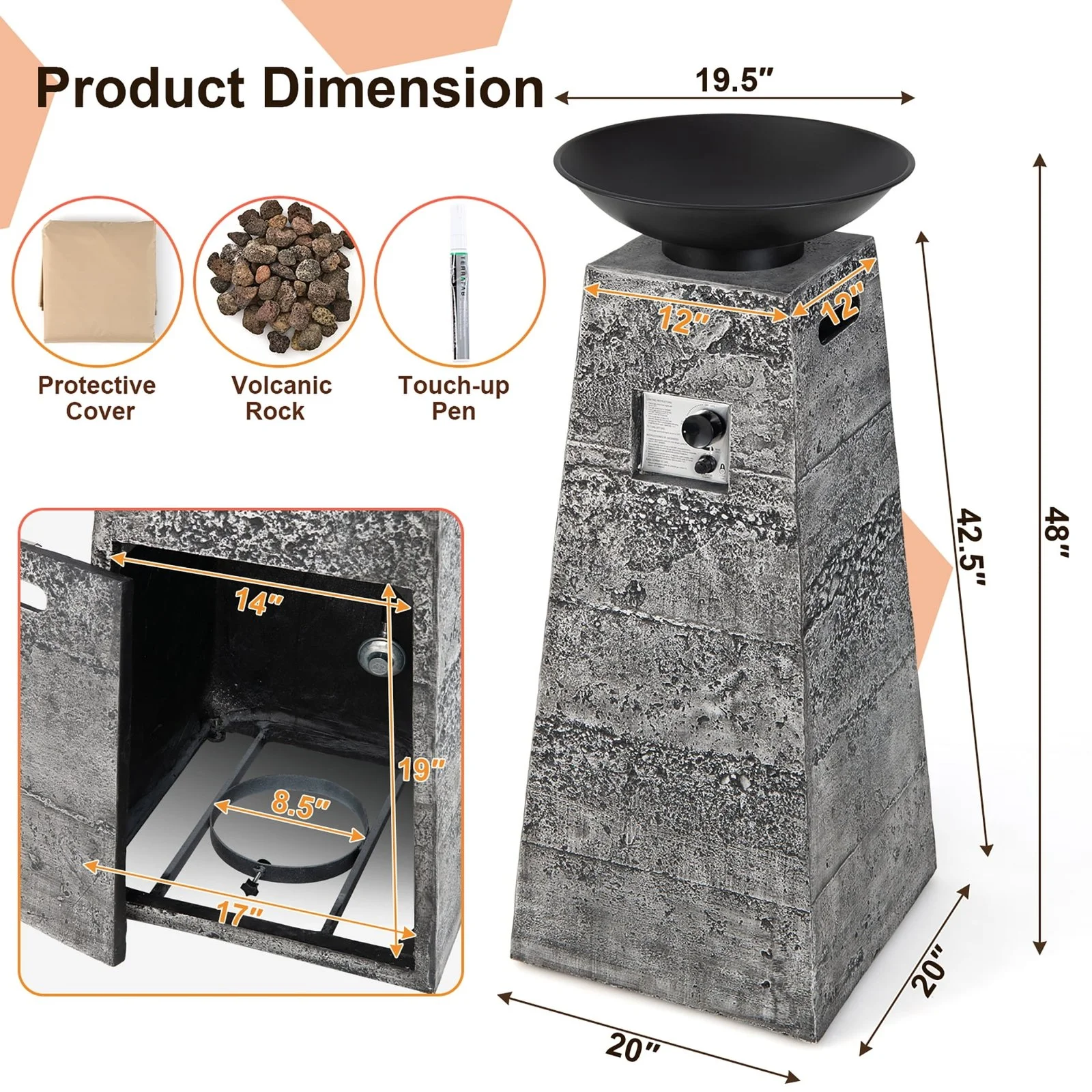 Costway 48 Inch Propane Fire Bowl Column with Lava Rocks and Cover - Image 4