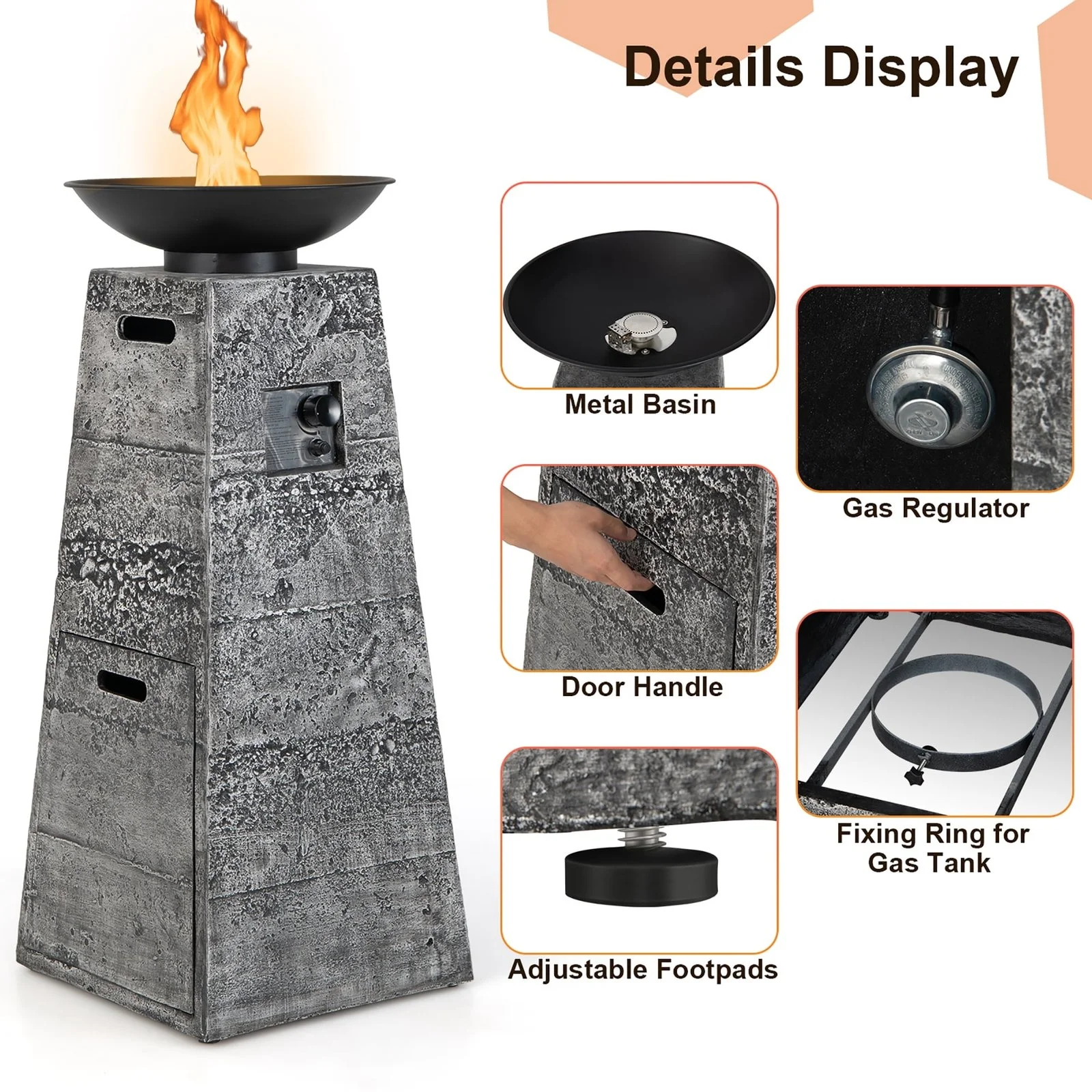 Costway 48 Inch Propane Fire Bowl Column with Lava Rocks and Cover - Image 3