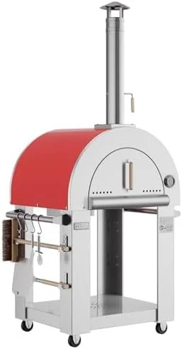 Empava 38.6 Inch Outdoor Wood-Fired Pizza Oven with Shelf and Wheels, Red
