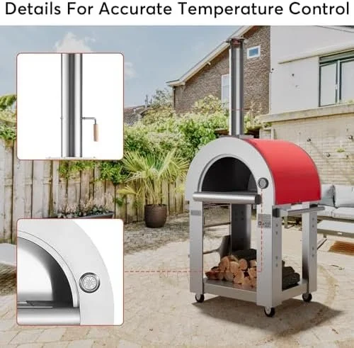 Empava 38.6 Inch Outdoor Wood-Fired Pizza Oven with Shelf and Wheels, Red - Image 2