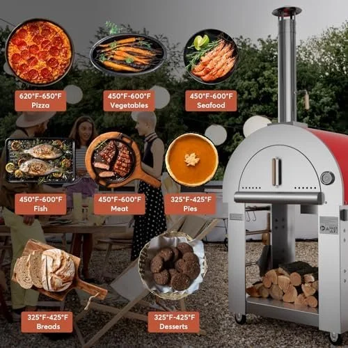 Empava 38.6 Inch Outdoor Wood-Fired Pizza Oven with Shelf and Wheels, Red - Image 3
