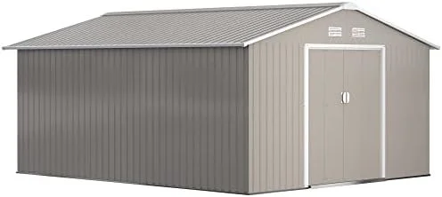Outsunny 11 x 13 ft Metal Garden Storage Shed with Foundation Kit, Light Gray