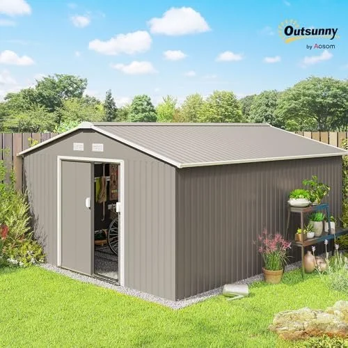 Outsunny 11 x 13 ft Metal Garden Storage Shed with Foundation Kit, Light Gray - Image 2